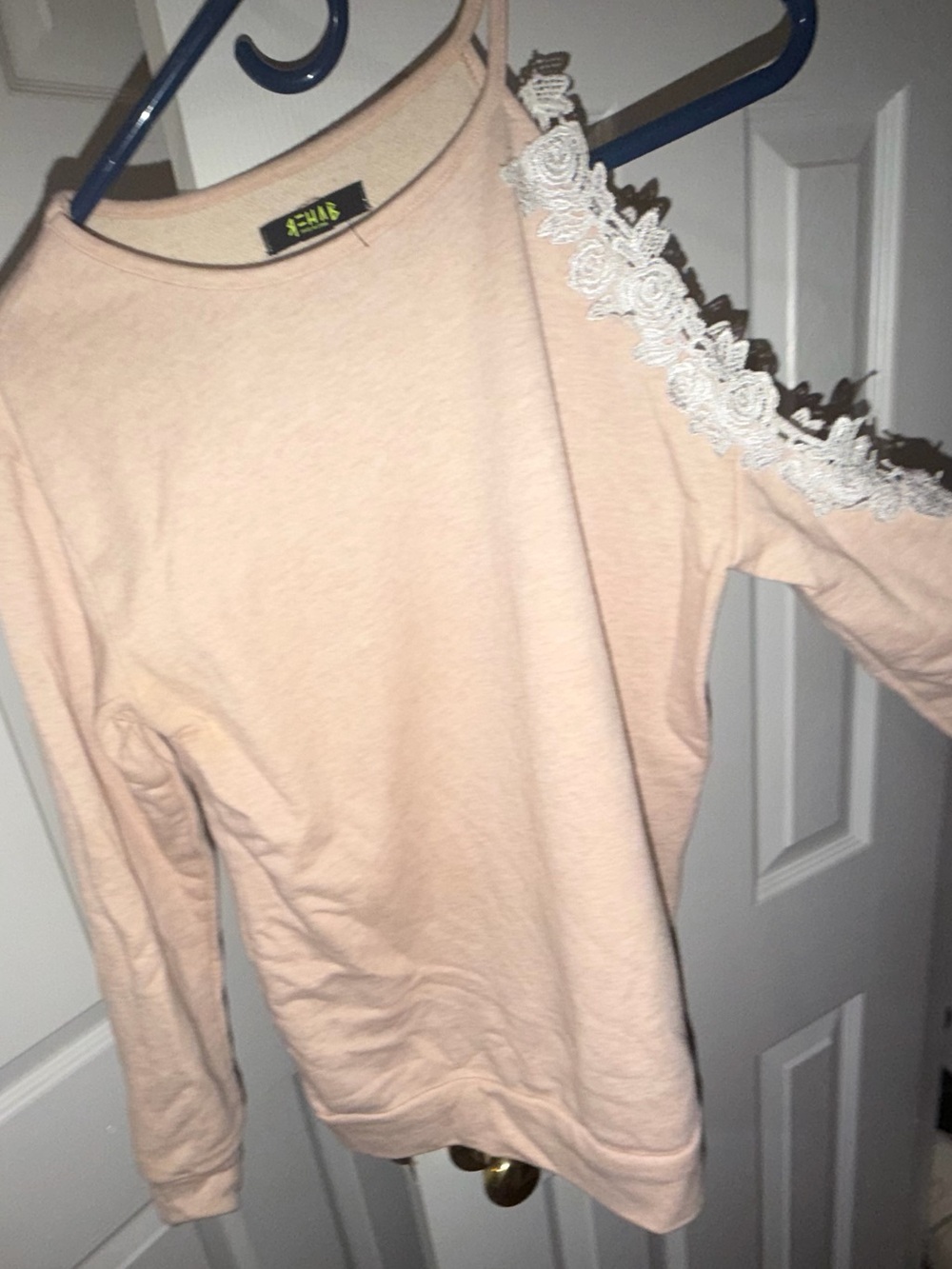 Rehab Peach Off-the-Shoulder Sweater with White Lace Trim